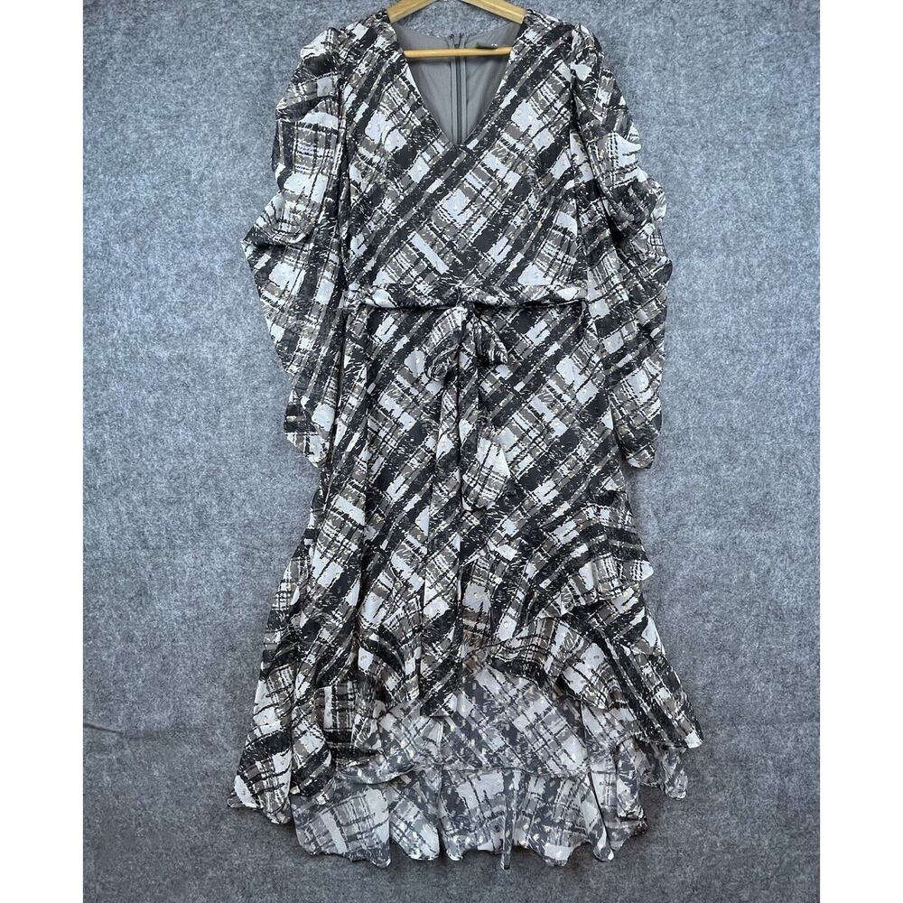 Taylor Dress Womens 10 Gold Black Plaid Ruffle Sleeve Belted Secretary Career‎